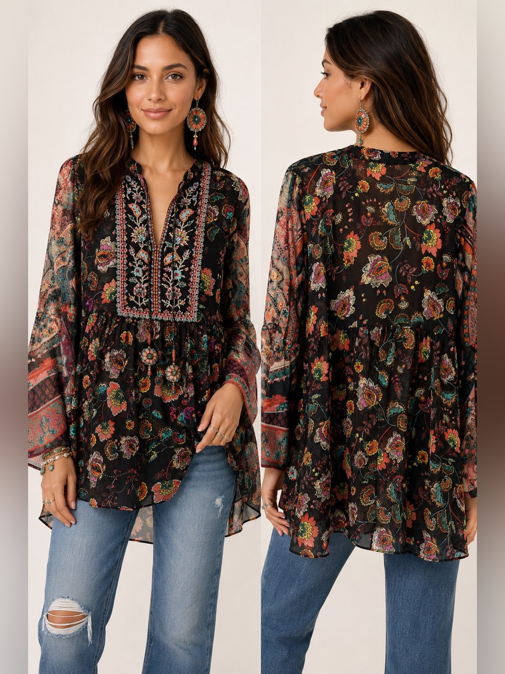 Soft Surroundings Embroidered Floral Boho Tunic Blouse Sheer Sequin Beaded